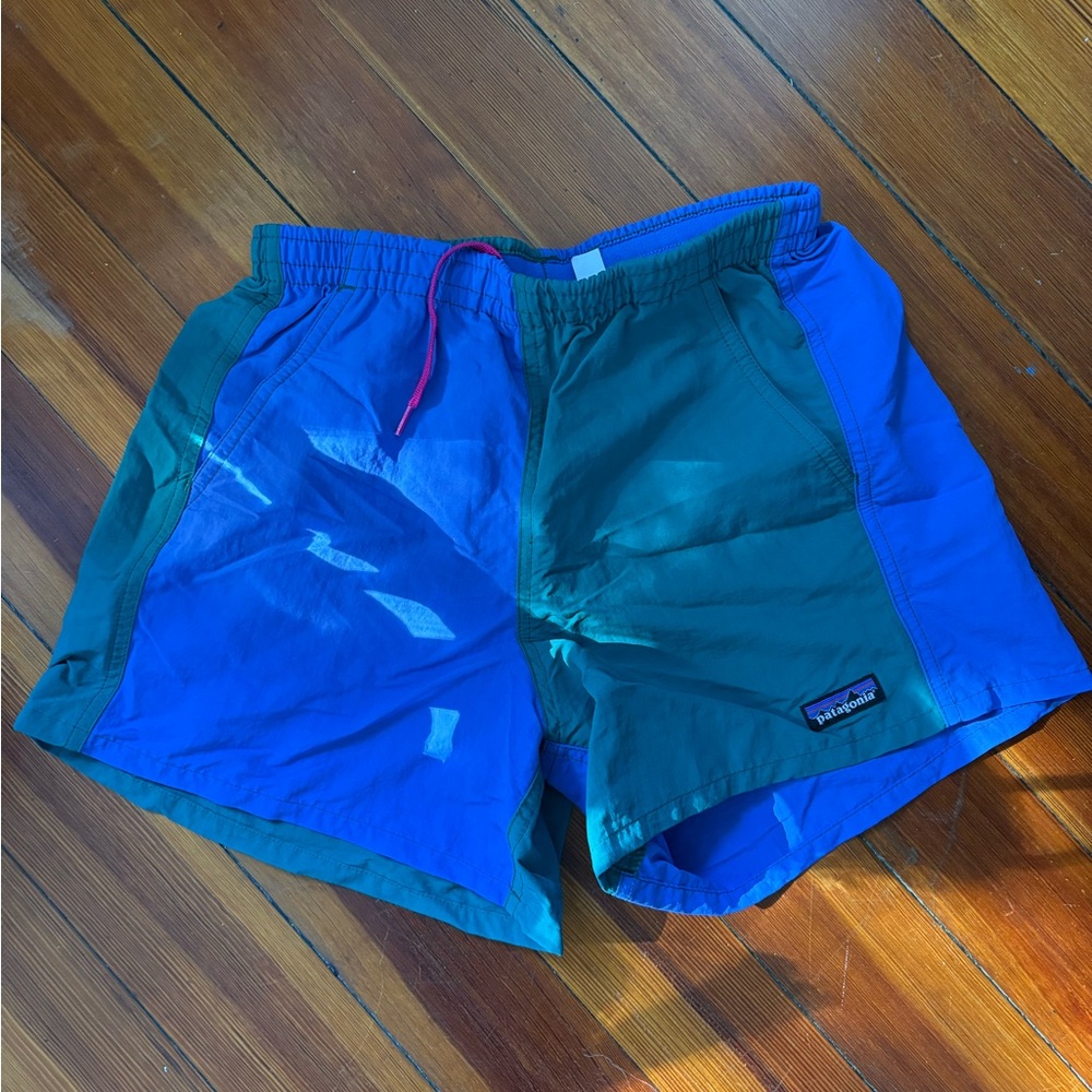 Patagonia Teal and Blue Shorts with Pink Accents